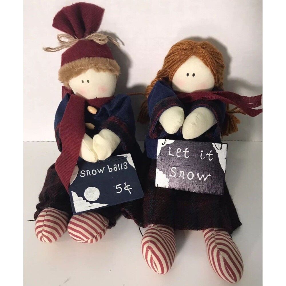 Set Of 2 Sock Doll Winter Snow Children Yarn Hair Holding Signs For Snow